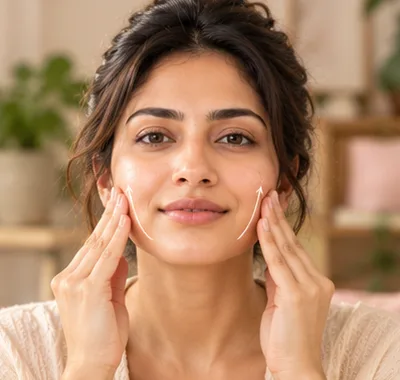 Woman pressing her fingertips to her cheeks during a cheek exercise