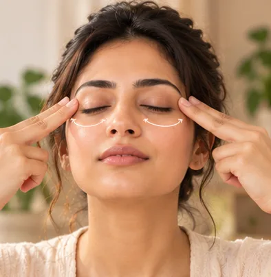 Woman with eyes closed, gently tracing beneath her eyes with her fingertips