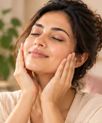 Woman with eyes closed, resting her face in her hands during a relaxing facial massage