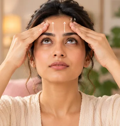 Woman smoothing her forehead upward with both hands