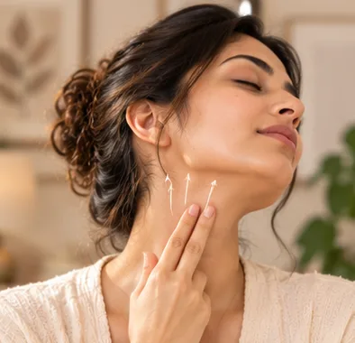 Woman tilting her head back and gently stroking upward along her neck