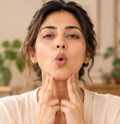Woman rounding her lips while supporting her chin with her fingers