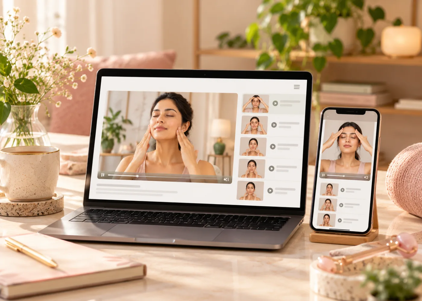 The face yoga program shown on a laptop and a phone, with a guided practice video playing and a list of practices beside it