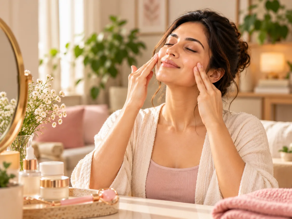 Woman with eyes closed, smiling softly as she massages her cheeks with her fingertips in a warm, calm living room