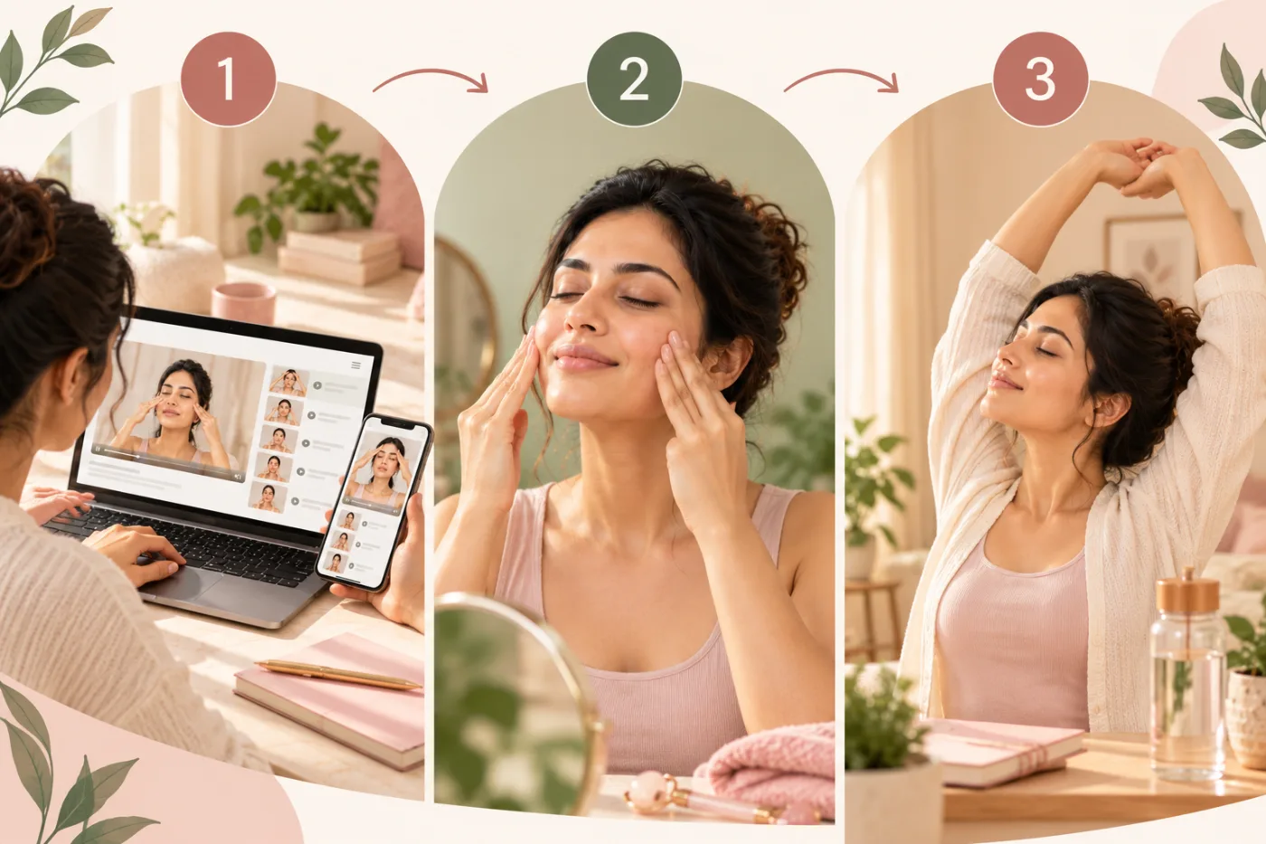Three scenes: a woman opening the program on her laptop and phone, following a guided cheek practice, and stretching calmly afterwards