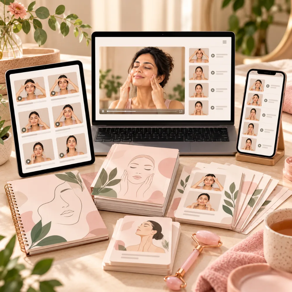 The 30-Day Face Yoga Transformation Program shown on a tablet, laptop and phone on a softly lit table