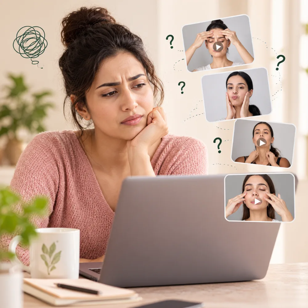 Woman at her laptop looking unsure, surrounded by several different face yoga video thumbnails