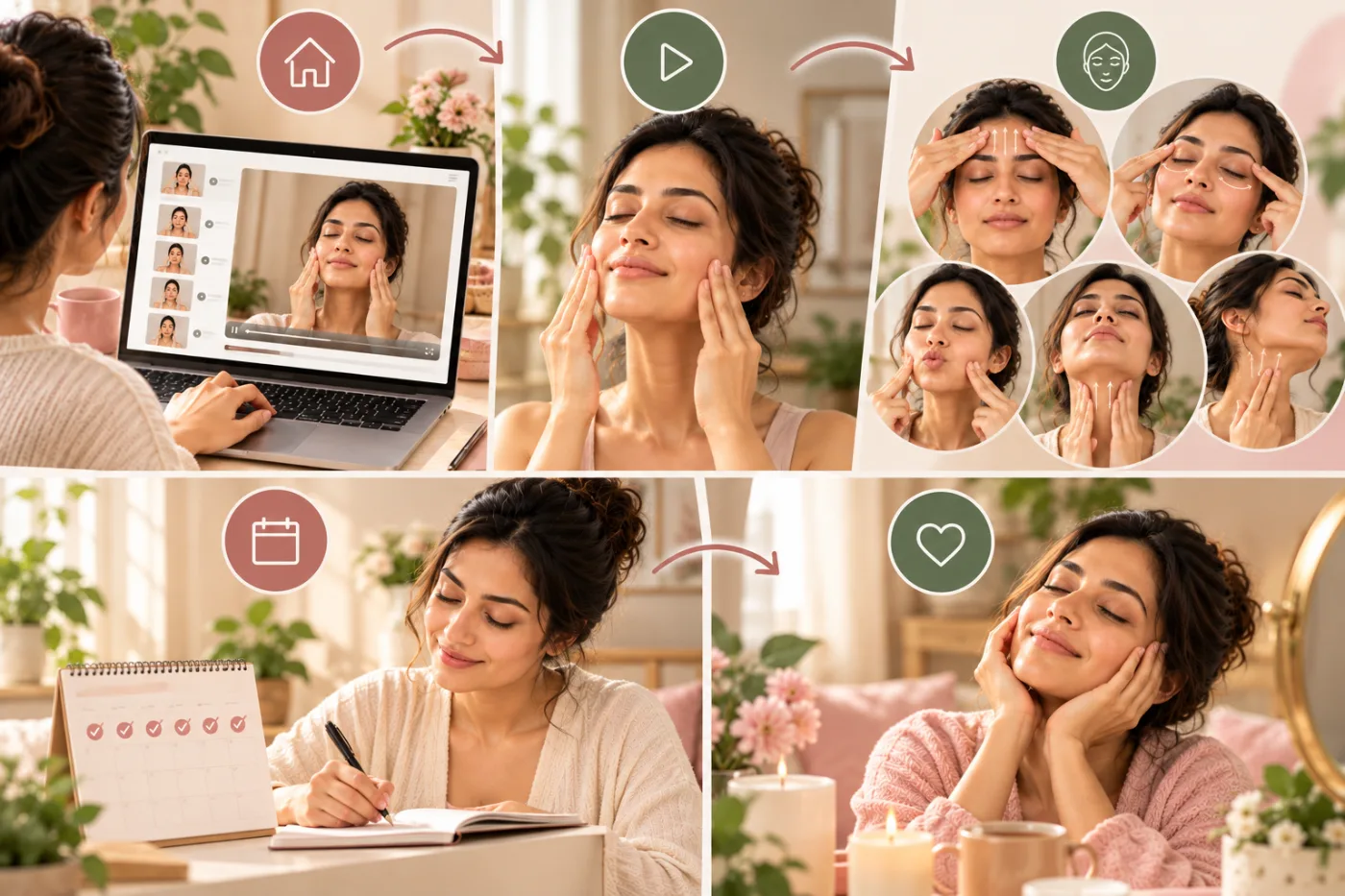 A home face yoga routine in five scenes: opening the program on a laptop, following a guided practice, working through exercises for different facial areas, ticking off days on a calendar, and a relaxed moment of self-care