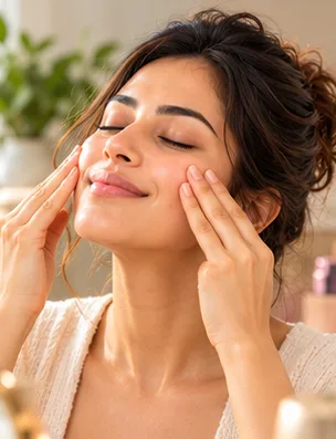 Woman demonstrating a Face Lifting and Toning face yoga practice