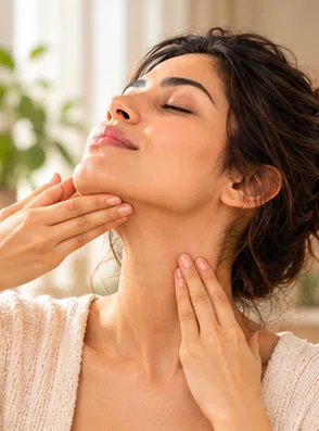 Woman demonstrating a Jawline and Neck face yoga practice