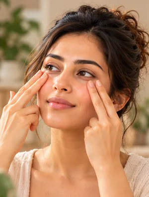Woman demonstrating a Cheeks and Eyes face yoga practice
