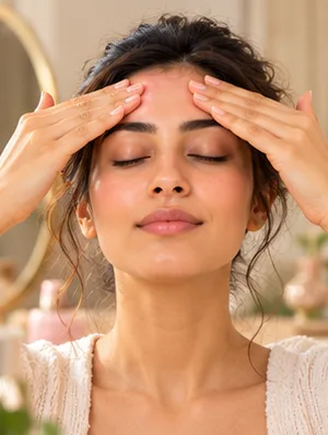 Woman demonstrating a Forehead and Facial Relaxation face yoga practice