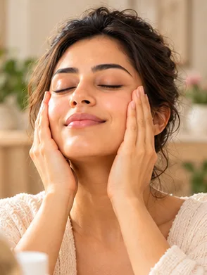 Woman demonstrating a Facial Massage face yoga practice