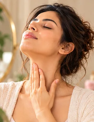 Woman demonstrating a Lymphatic Drainage face yoga practice