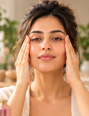 Woman demonstrating a Face Symmetry face yoga practice