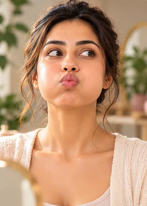 Woman demonstrating a No-Hands Face Yoga face yoga practice