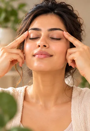 Woman demonstrating a Advanced Face Yoga face yoga practice