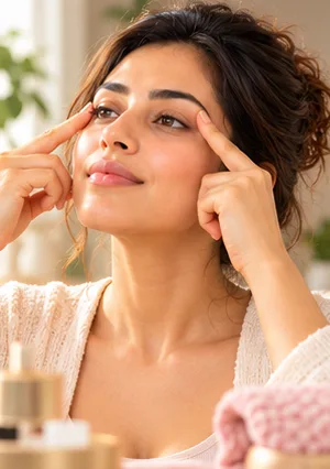 Woman demonstrating a SMAS Layer Workout face yoga practice
