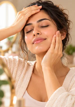 Woman demonstrating a Full Face Routines face yoga practice